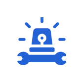 Blue siren and wrench icon on white.