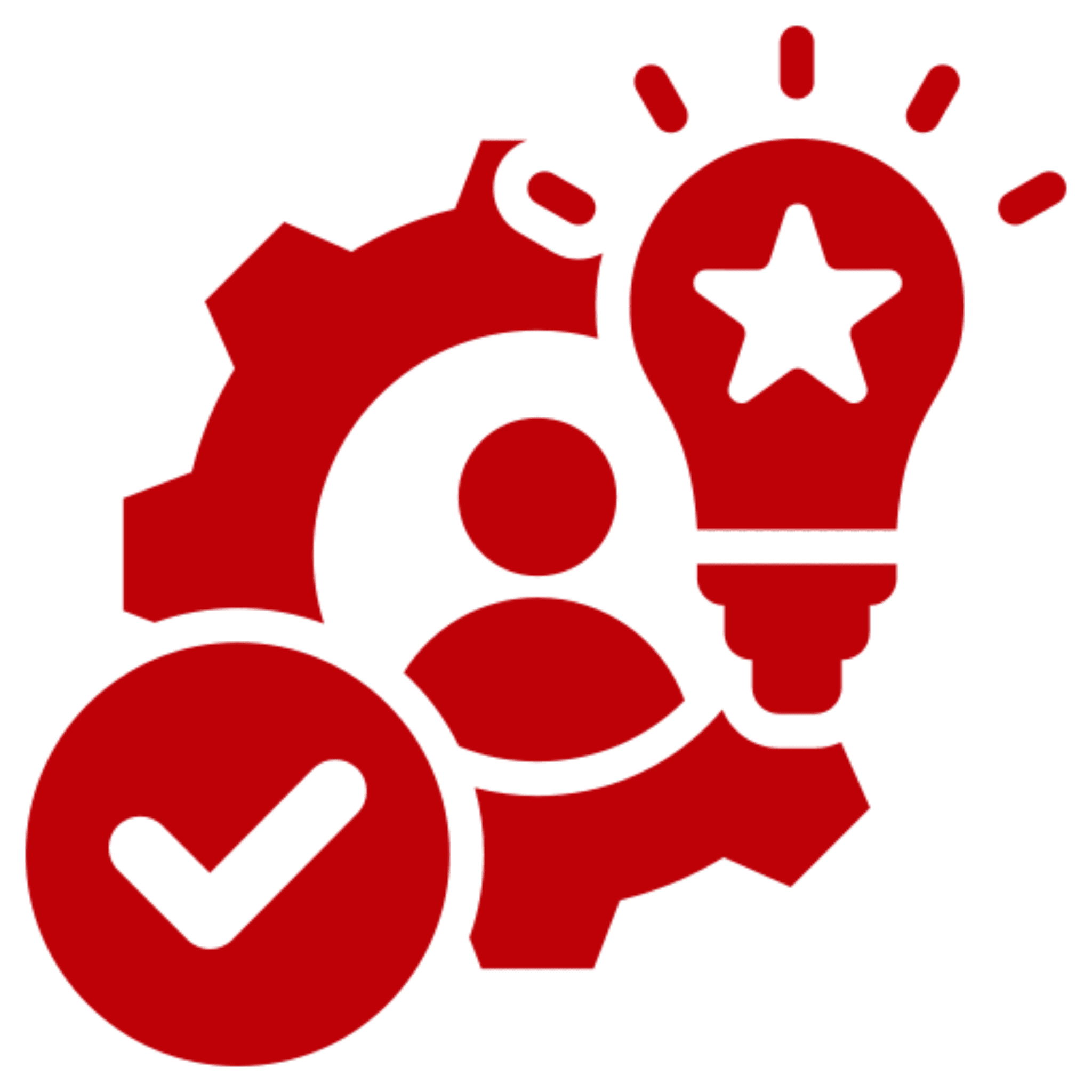 Red icons: lightbulb, gear, person, checkmark.