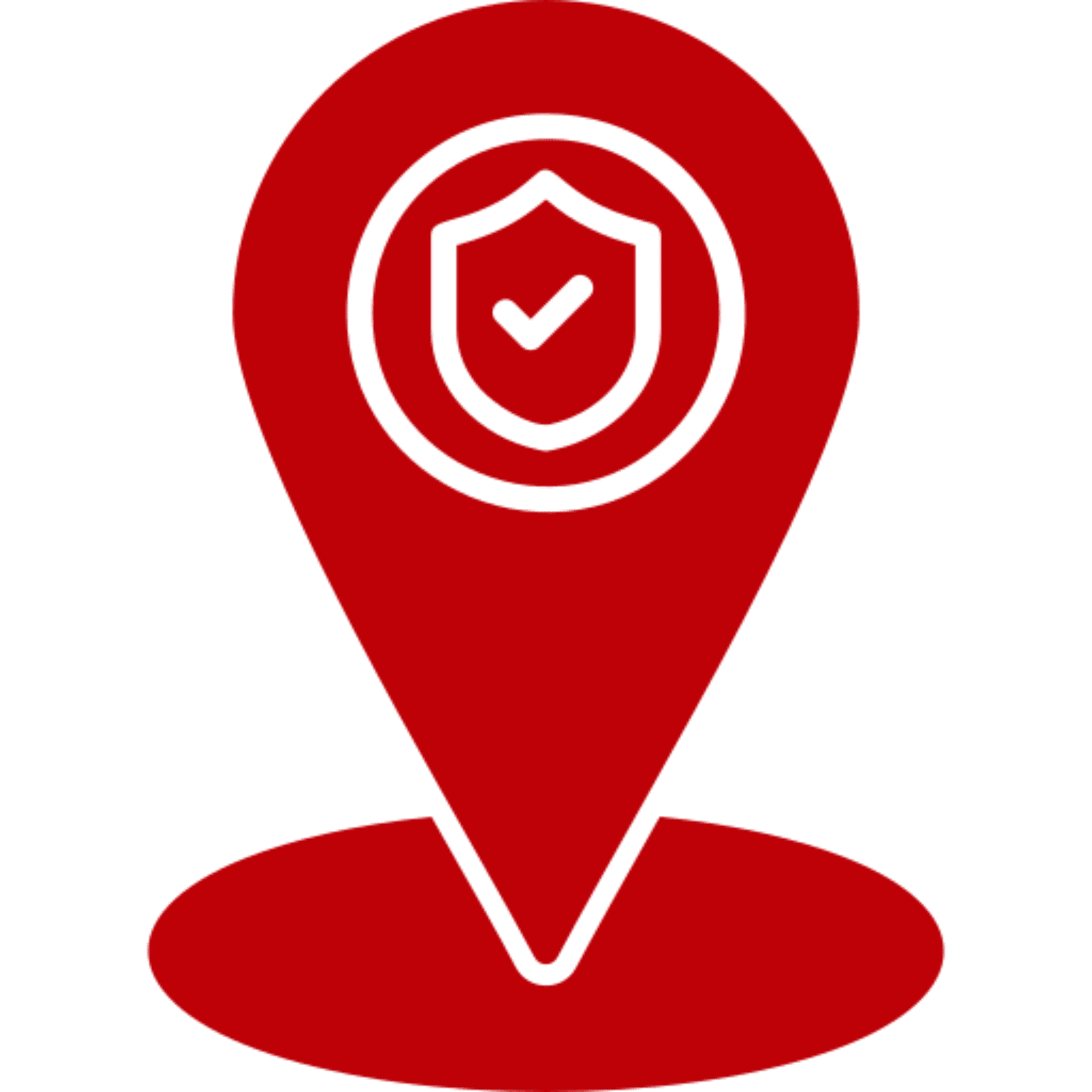 Red map pin with security shield icon.